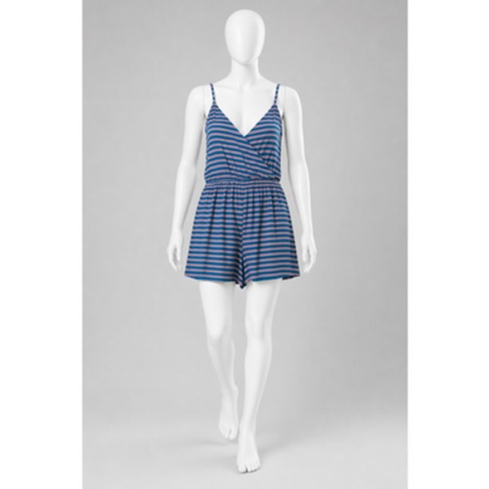 American Eagle Striped Wrap Romper Blue White Burgundy Medium Beachy Coastal